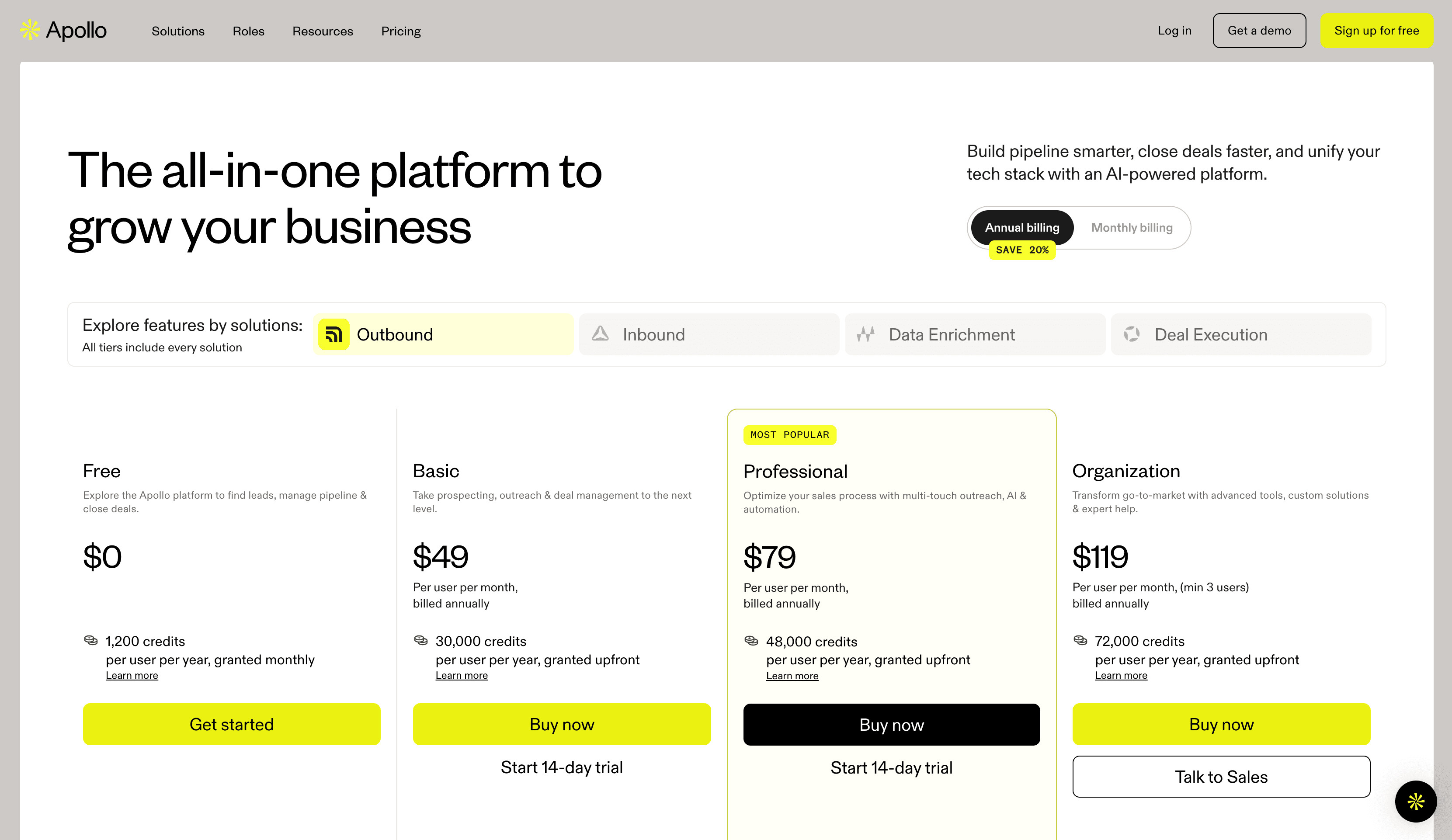 Apollo pricing page screenshot