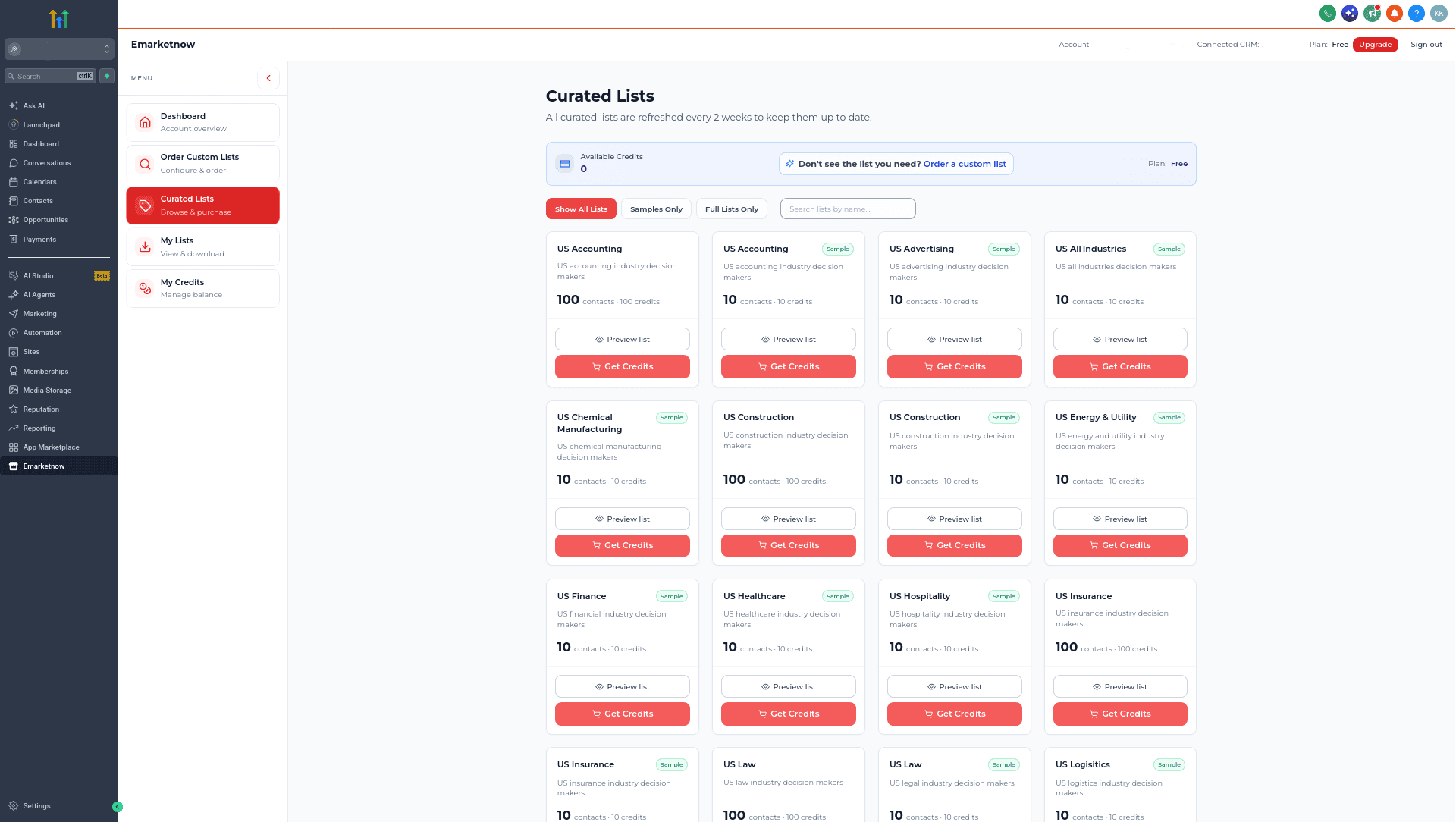 Curated Lists page showing prepared data files, sample and full list filters, search, and Preview list buttons