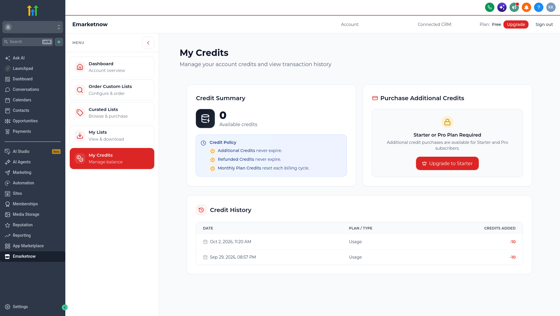 My Credits showing available balance, credit policy, and plan requirement