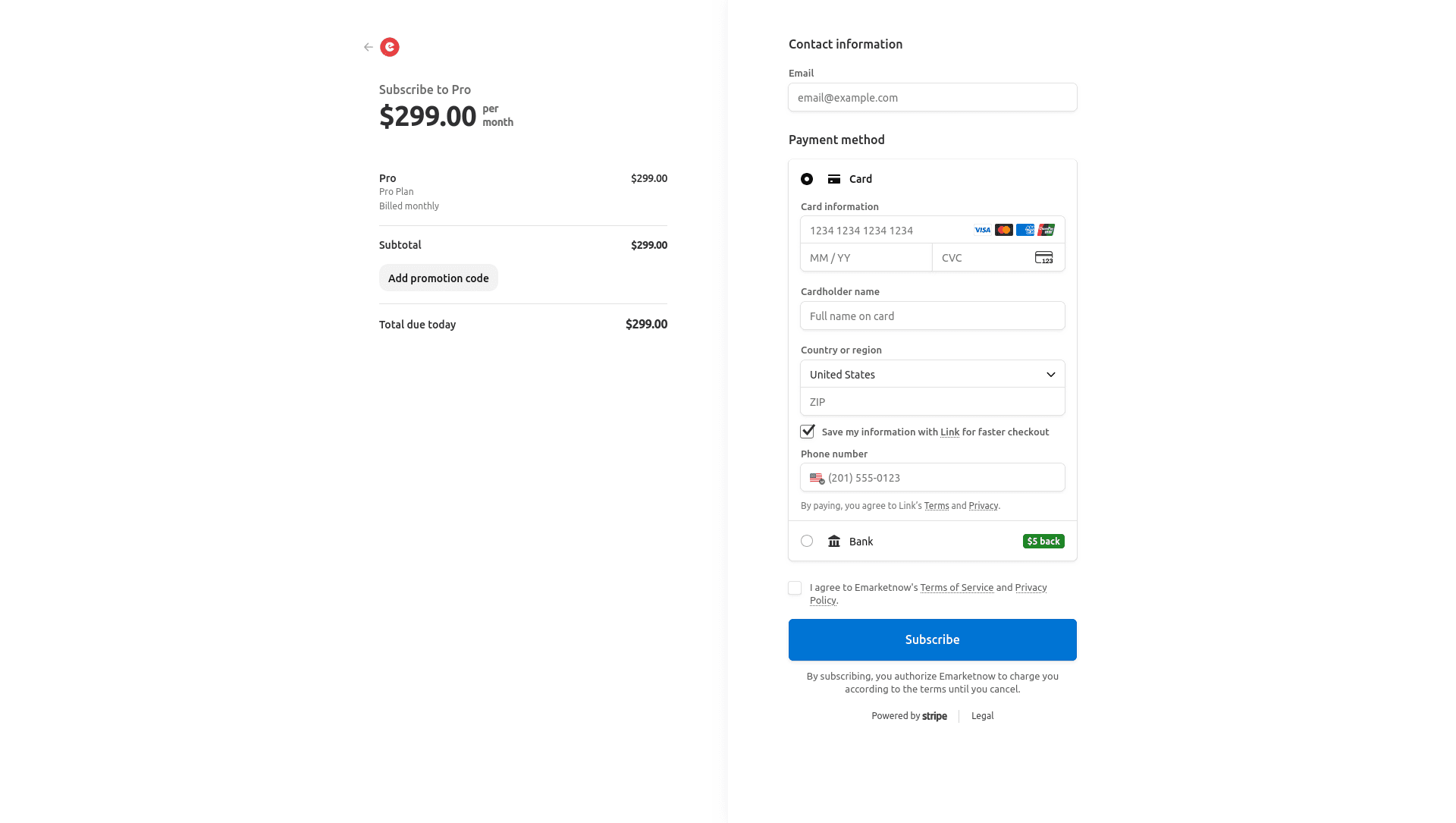 Stripe plan payment checkout with subscription details and Subscribe button
