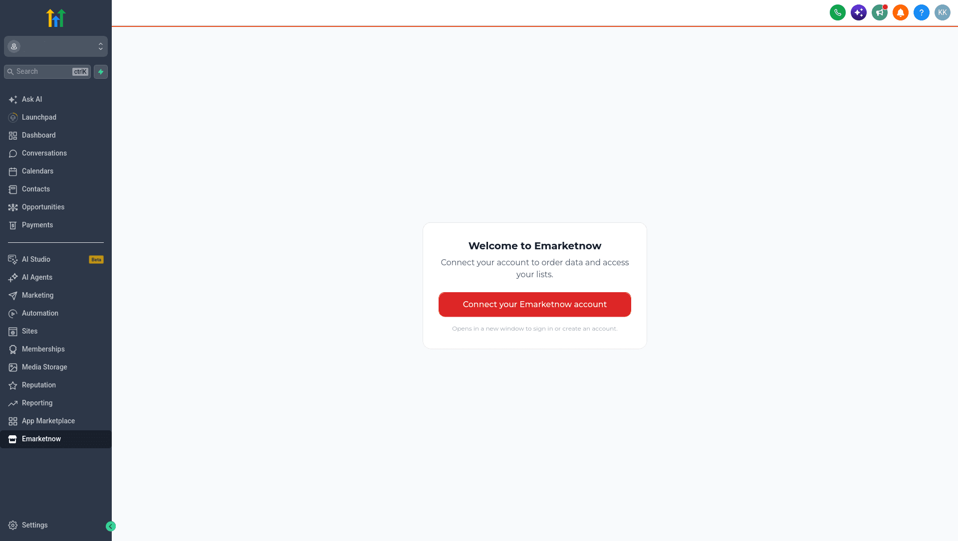 Welcome screen with Connect your Emarketnow account button