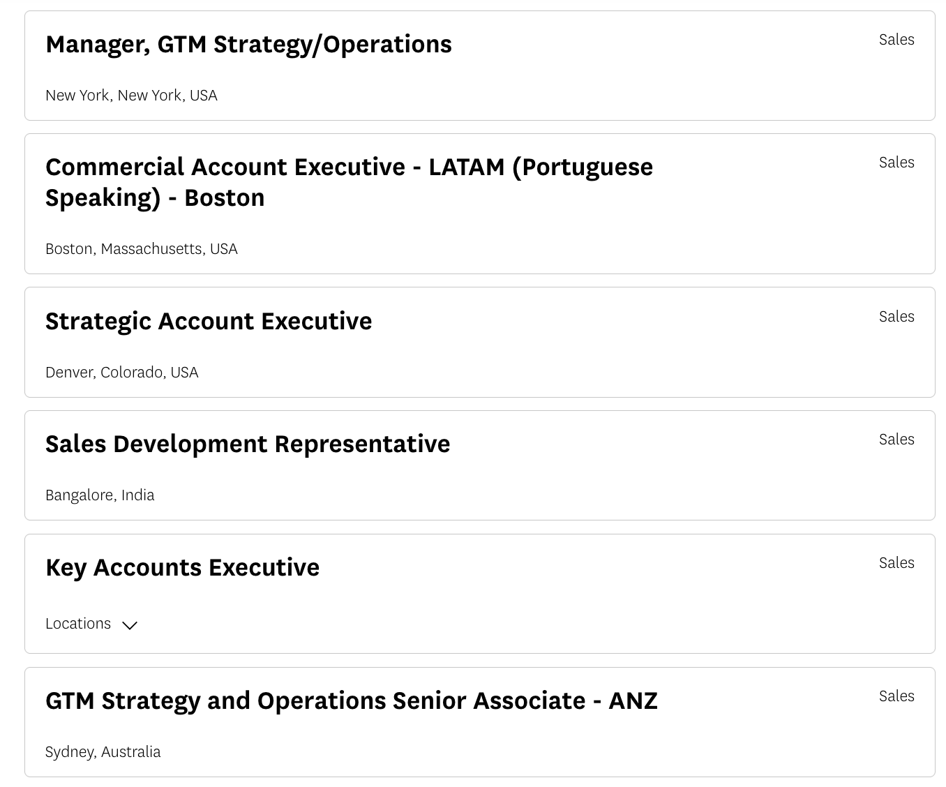 Picture of a website's careers page with some job openings.