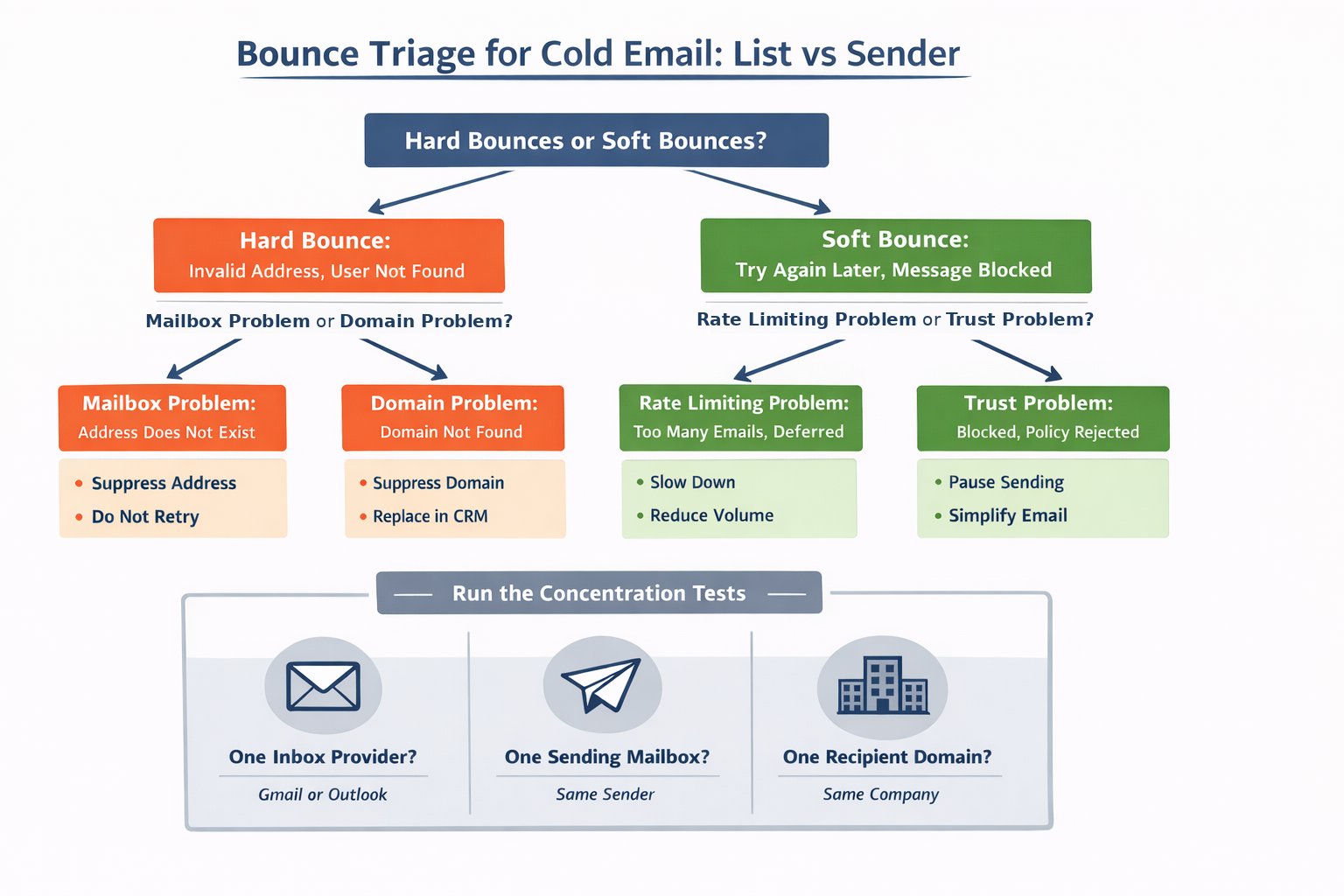 Bounce triage for cold email list vs sender